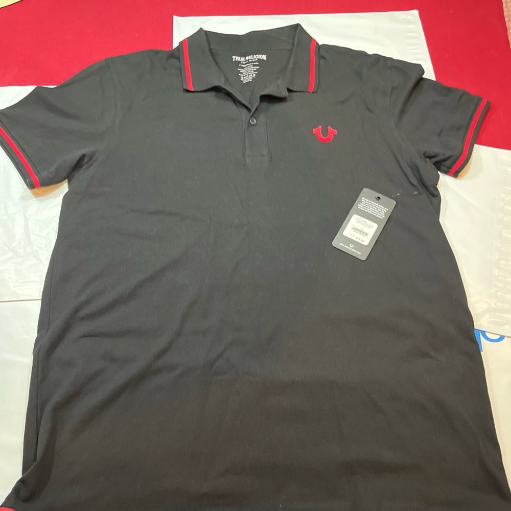 Y2K True Religion NEW Black knit Short Sleeved Polo Shirt,  Red Logo,  men’s XL